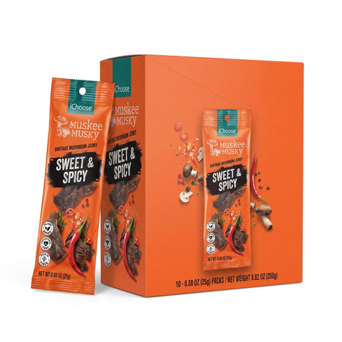 IChoose Sweet & Spicy Mushroom Jerky 10-pack box — vegan shiitake jerky with sweet-heat glaze