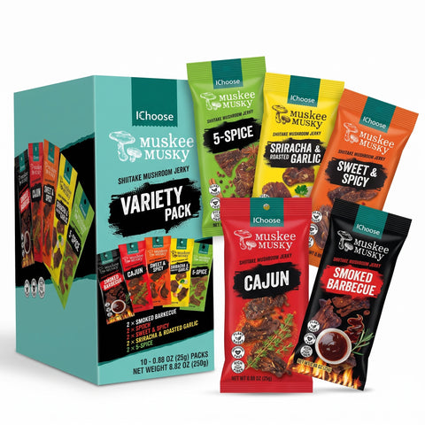 IChoose Mushroom Jerky Variety Pack — 5 vegan shiitake flavors, 10-pack box