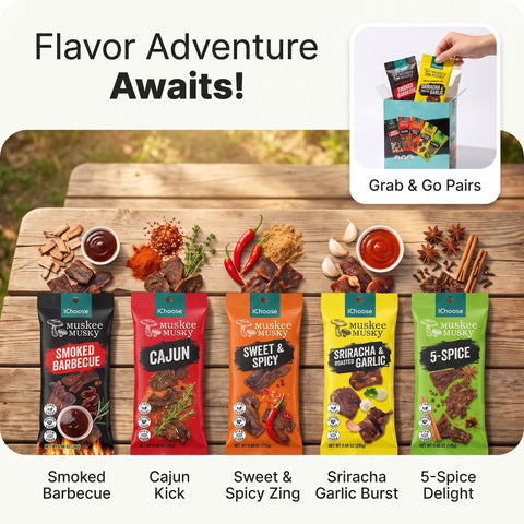 IChoose Mushroom Jerky Variety Pack — vegan shiitake jerky, 5 flavors, 10-pack box