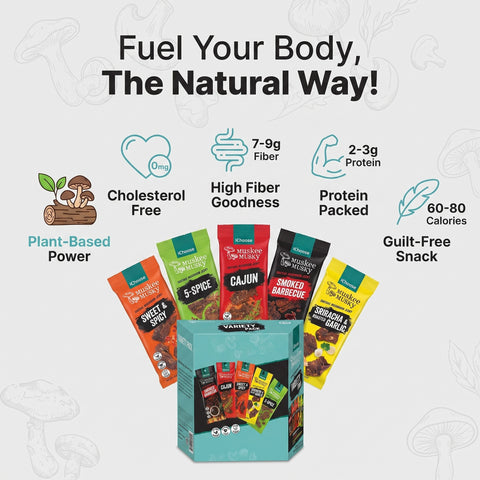 IChoose Mushroom Jerky Variety Pack — vegan shiitake jerky, 5 flavors, 10-pack box