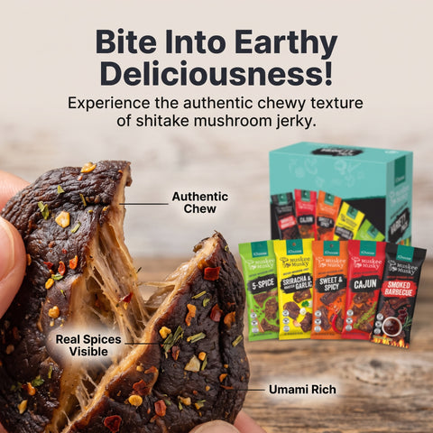 IChoose Mushroom Jerky Variety Pack — vegan shiitake jerky, 5 flavors, 10-pack box