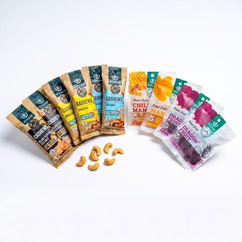 Cashew and dried fruit sampler - Go Nuts cashew packs with Go Fruits mango, chili mango and dragon fruit packs