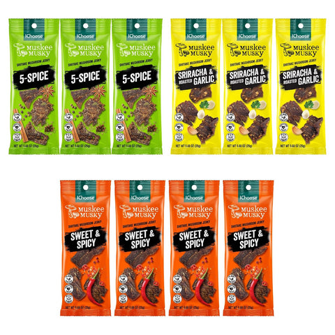 Included component detail: 10 jerky packs — 3 Five Spice, 3 Sriracha & Roasted Garlic, 4 Sweet & Spicy. Other bundle components shown separately.