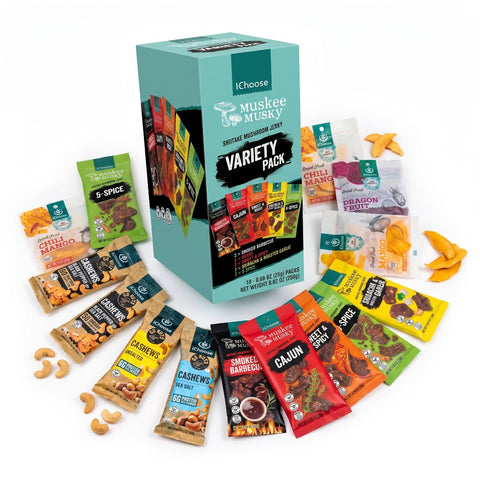 Office snack box bundle - mushroom jerky variety pack box with cashew and dried fruit snack packs