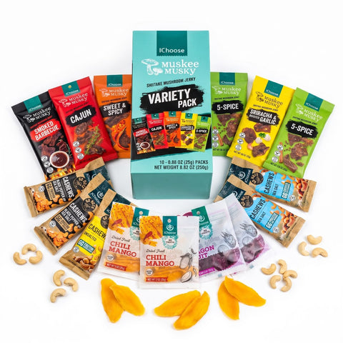 Vegan snack sampler - mushroom jerky variety box with cashew trio and tropical dried fruit packs